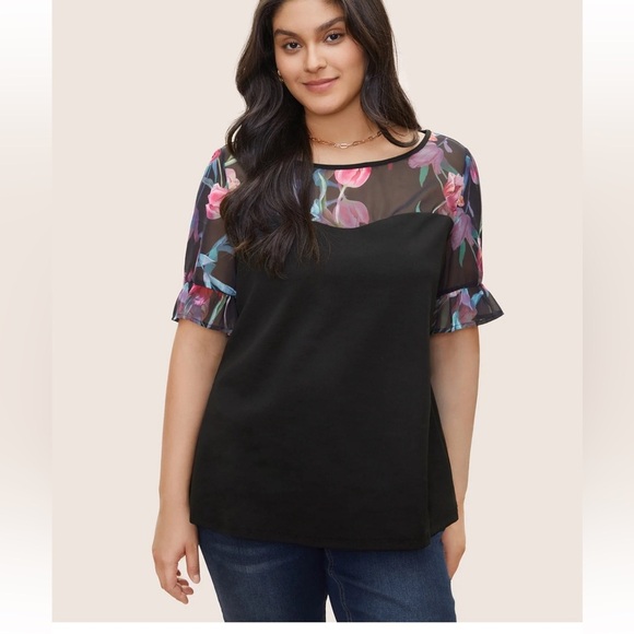 BloomChic Plus Size 3XL Floral Patchwork Mesh Round Neck Flutters T-shirt us22 - Picture 1 of 7